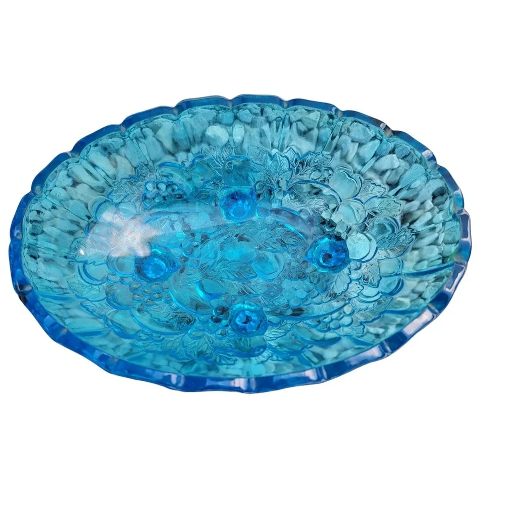 Vintage Indiana Blue Harvest Fruit Footed Bowl 12